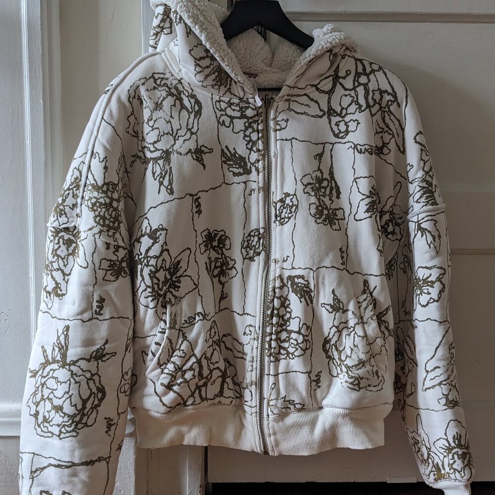 Free People Billie Sherpa Hoodie Zip Jacket Floral Ivory Combo